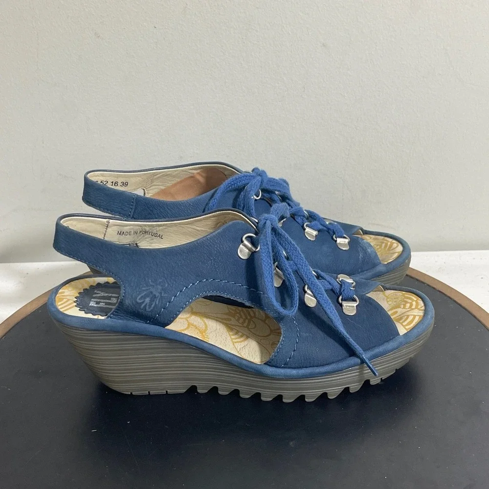 Fly London Slingback Wedge Sandals 8.5 / 39‎ Blue Suede Leather Lace Up Casual